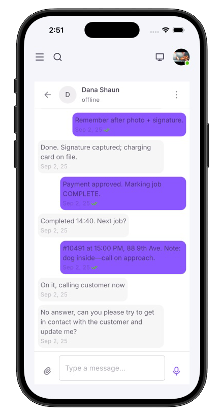 Mobile app screenshot showing chat interface
